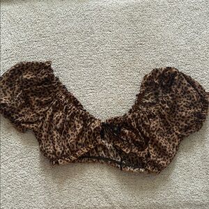 Leopard Print Puff Sleeve Crop Top - Brown